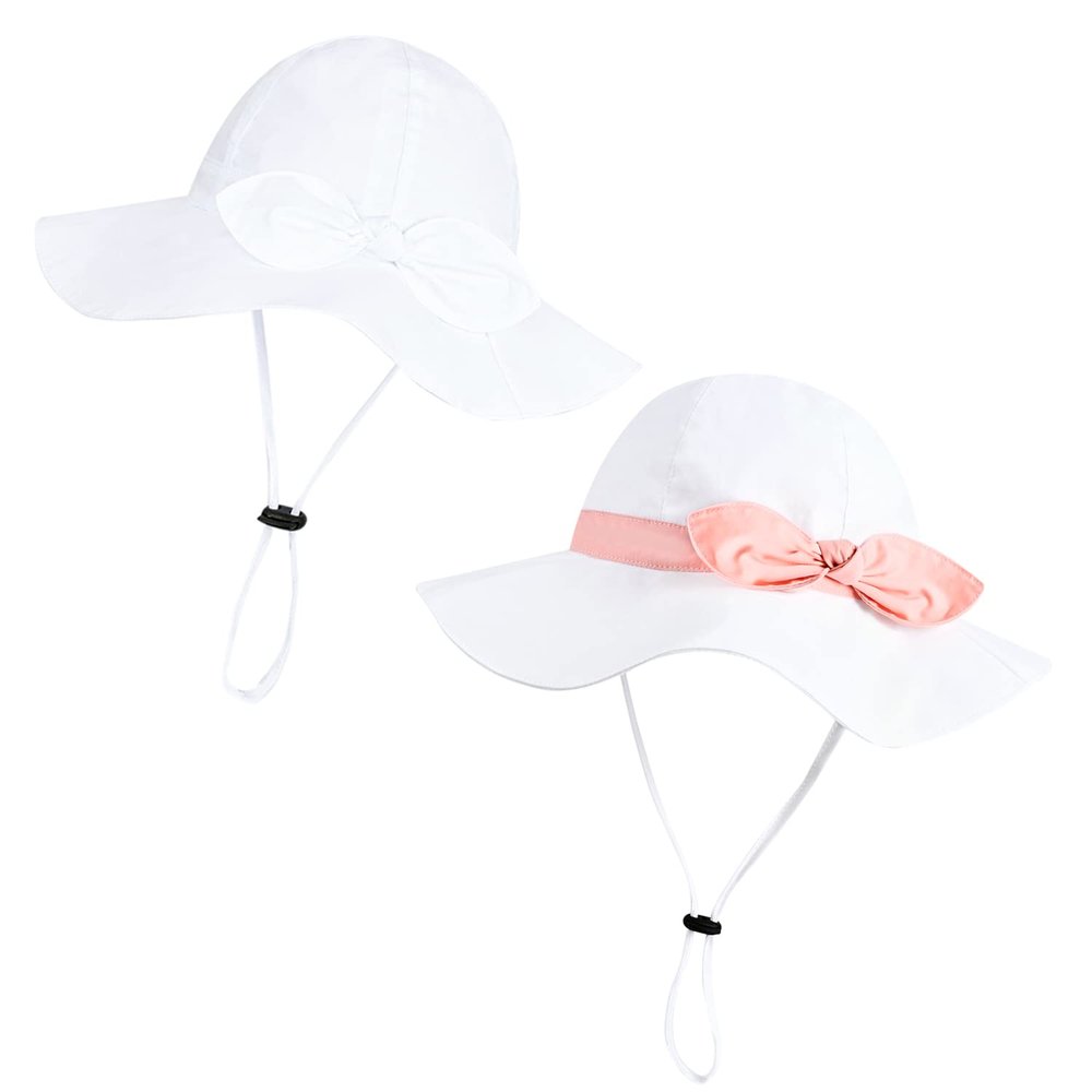 Baby Girl Sun Hat with UPF 50+ Outdoor Adjustable Beach Hat with Wide Brim Bucket Hats (6-12 Months,White & White-Pink 2pcs)