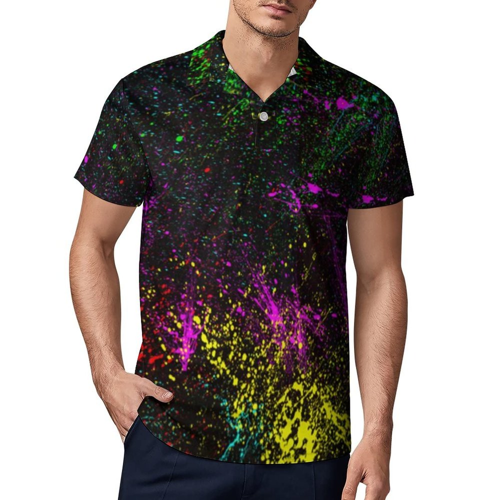Colorful Paint Splatters Men's Polo Shirt Short Sleeve Print T Shirt Slim Fit Golf Shirt Collared Tee Casual Top M