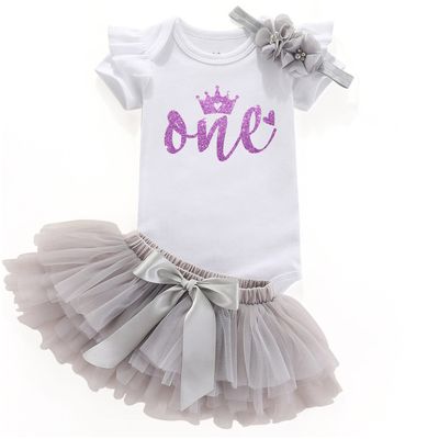 Acwssit one first birthday outfit 1st birthday Baby girl's Clothing set tutu skirt 0-3 months gray(9-12 months)