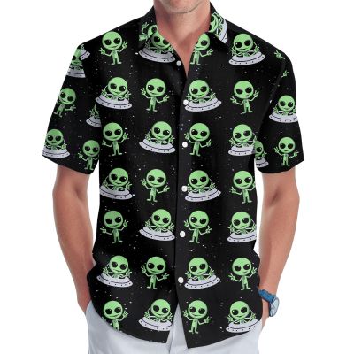 Alien Men's Button Shirt, UFO Hawaiian Shirt for Unisex, Alien Pattern Casual Shirt Men, Birthday Gifts for Men Dad (2XL)