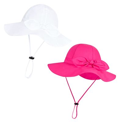 Baby Girl Sun Hat with UPF 50+ Outdoor Adjustable Beach Hat with Wide Brim Bucket Hats (2-3, White & Rose-red 2pcs)