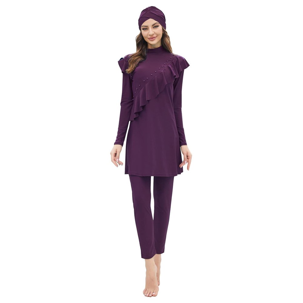 Muslim Swimsuits for Women Hijab Modest Islamic Arabic Swimwear Burkini Swimming Muslim Dress Top Pants Rash Guard 3 PCS Swim Bathing Suits Traje De Bao Musulmn para Mujer Purple b 2XL