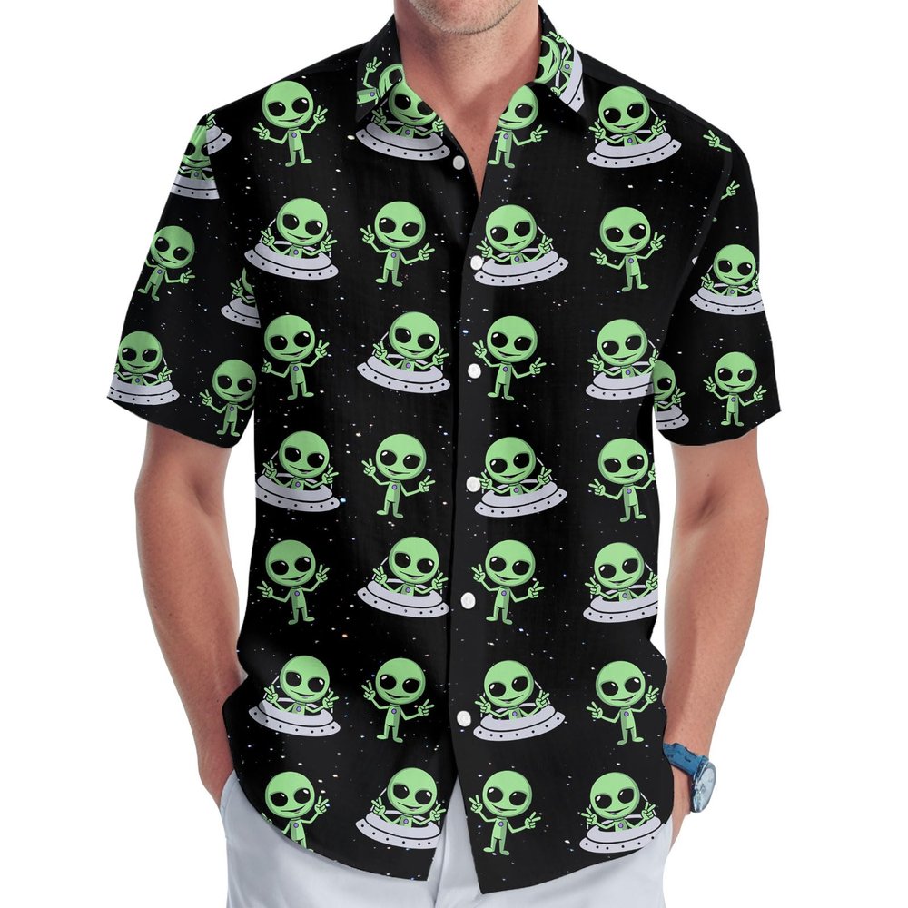 Alien Men's Button Shirt, UFO Hawaiian Shirt for Unisex, Alien Pattern Casual Shirt Men, Birthday Gifts for Men Dad (4XL)