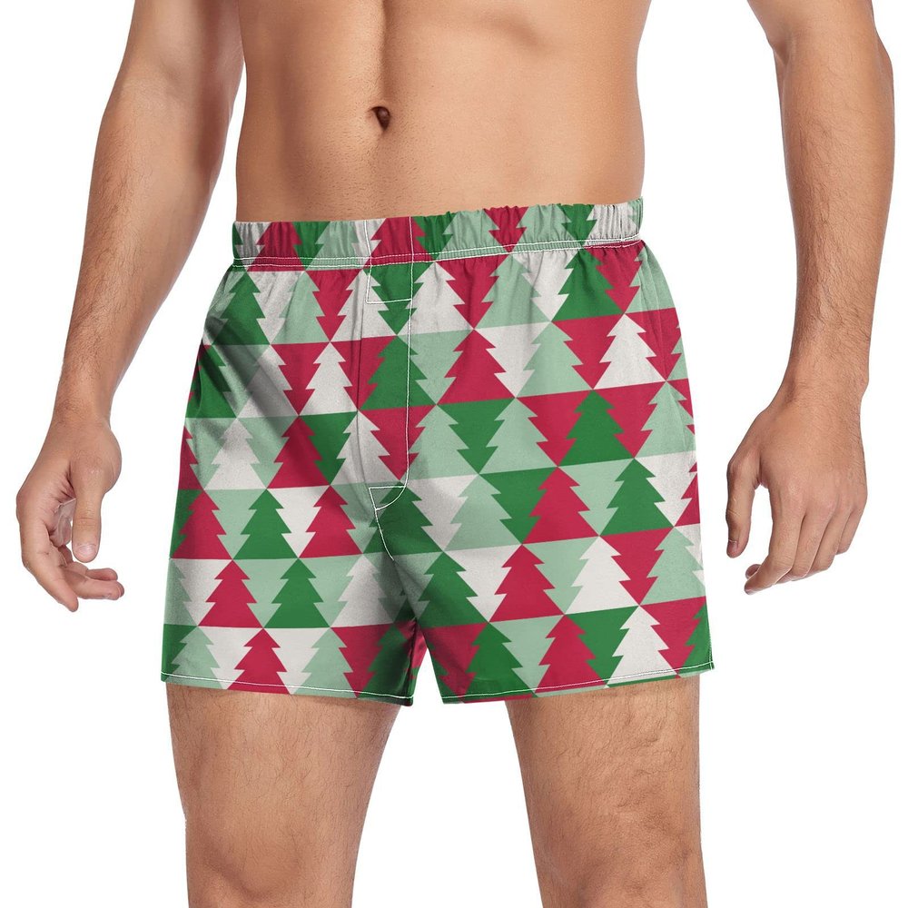 Aflyko Christmas Novelty Boxer Shorts Red Green Xmas Tree Relaxed Fit Boxers Buttoned Fly Men's Underwear Xmas New Year, XL