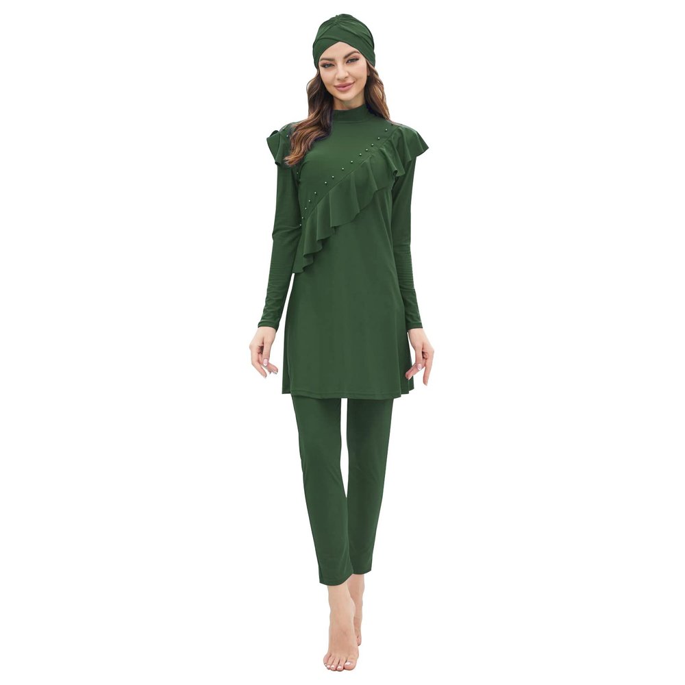 ODIZLI Women Modest Muslim Swimsuit Full Coverage Swimwear Islamic Hijab Ladies Beachwear Swimming Burkini Swim Suit Solid Color Full Cover Rash Guard Arabic Swimwear Long Sleeve Green b 3XL