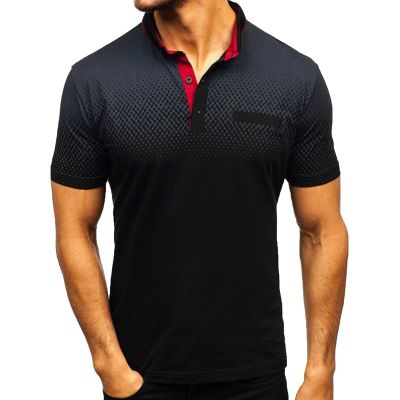 Polo Shirts for Men Short Sleeve Polo Shirt Casual Slim Fit Shirts Gradient Print Patchwork T Shirts Summer Tops Tees Black