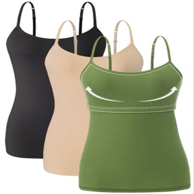 Orrpally Women Cotton Camisole Shelf Bra Cami Tank Tops Adjustable Spaghetti Strap Tank Top 3-Pack Black/Beige/ArmyGreen XXL