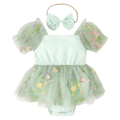 Baby Infant Girls Summer Romper Tutu Dress Short Puff Sleeve Embroidered Floral Tulle Bodysuit Jumpsuit Overalls Dress Headband 1st Birthday Outfit Smash Cake Princess Summer Clothes Green 0-3M