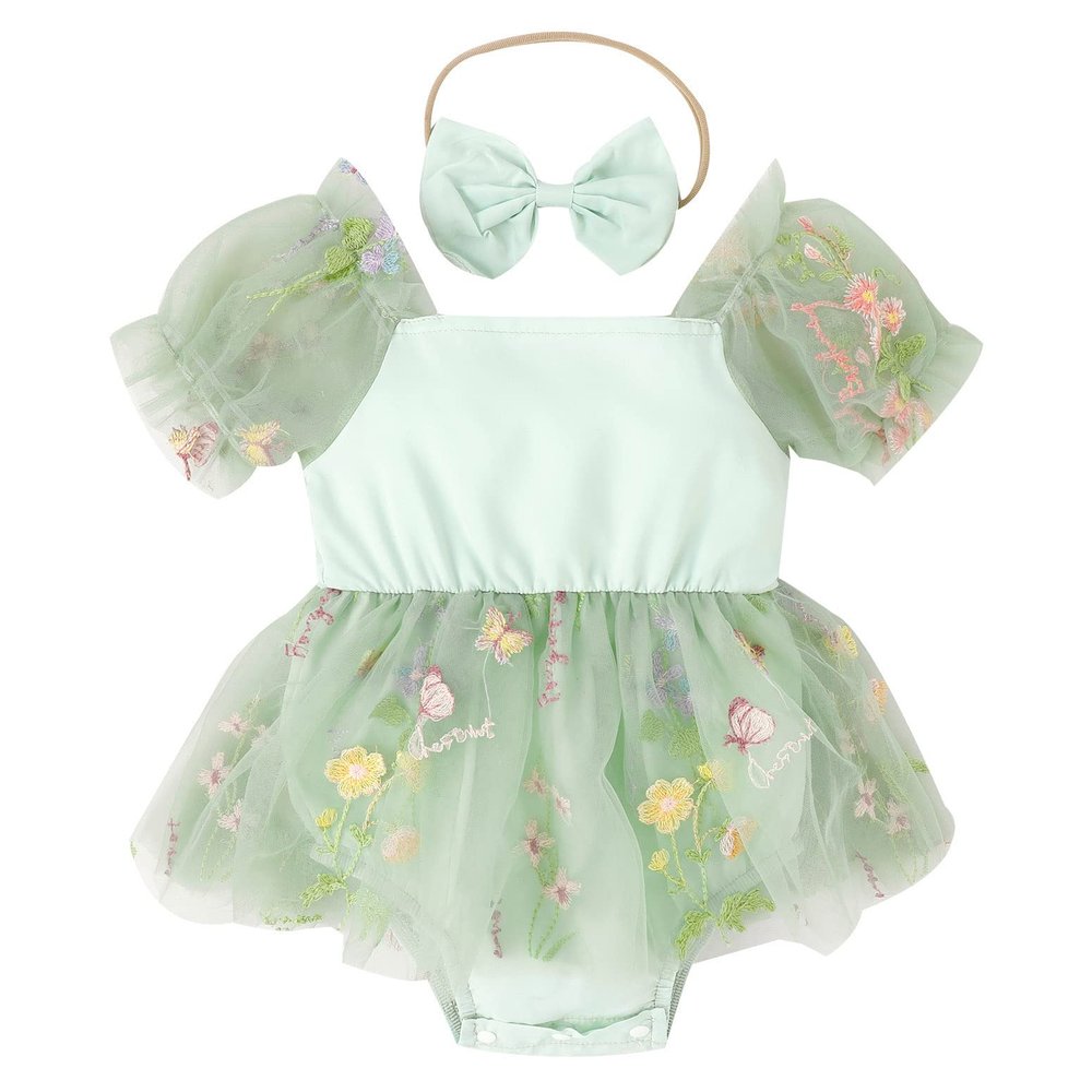 Baby Infant Girls Summer Romper Tutu Dress Short Puff Sleeve Embroidered Floral Tulle Bodysuit Jumpsuit Overalls Dress Headband 1st Birthday Outfit Smash Cake Princess Summer Clothes Green 0-3M
