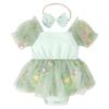 Baby Infant Girls Summer Romper Tutu Dress Short Puff Sleeve Embroidered Floral Tulle Bodysuit Jumpsuit Overalls Dress Headband 1st Birthday Outfit Smash Cake Princess Summer Clothes Green 0-3M view 1