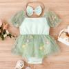 Baby Infant Girls Summer Romper Tutu Dress Short Puff Sleeve Embroidered Floral Tulle Bodysuit Jumpsuit Overalls Dress Headband 1st Birthday Outfit Smash Cake Princess Summer Clothes Green 0-3M view 2