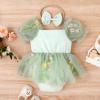 Baby Infant Girls Summer Romper Tutu Dress Short Puff Sleeve Embroidered Floral Tulle Bodysuit Jumpsuit Overalls Dress Headband 1st Birthday Outfit Smash Cake Princess Summer Clothes Green 0-3M view 3