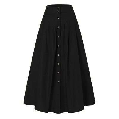 YOLAI Women's Casual Button Down Pleated Skirt Solid Color Maxi Skirt A Line High Waist Skirt with Pocket (Black, M)