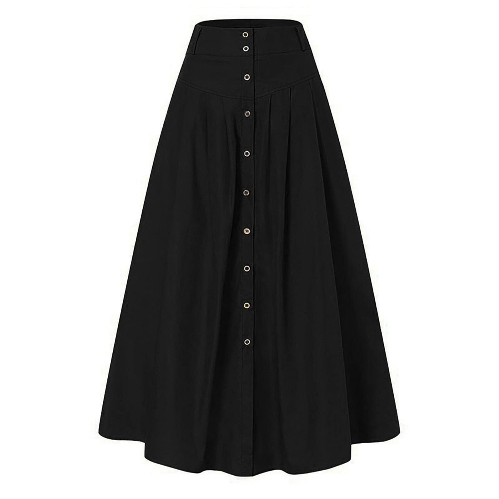 YOLAI Women's Casual Button Down Pleated Skirt Solid Color Maxi Skirt A Line High Waist Skirt with Pocket (Black, XXXL)