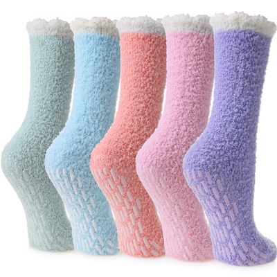 LINEMIN Non Slip Hospital Socks with Grips for Women Cozy Winter Soft Fluffy Grip Slipper Socks (5 Pairs Candy Patchwork)