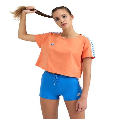 ARENA Womens Icons Corinne Team Crop T-Shirt Short Sleeve Loose Fit Cotton Active Top Cozy Crew Neck Workout Tee, Nespola/White/Roy, X-Large