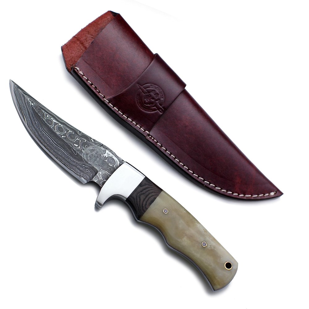 WolfKlinge Handmade Damascus Steel Outdoor Fixed Blade Knife for EDC,Hunting,Survival,Camping, Hiking and Fishing with Drop Point Full Tang Bone Handle with Cowhide-Leather Sheath - WKD-783 (Ivory Sentinel)