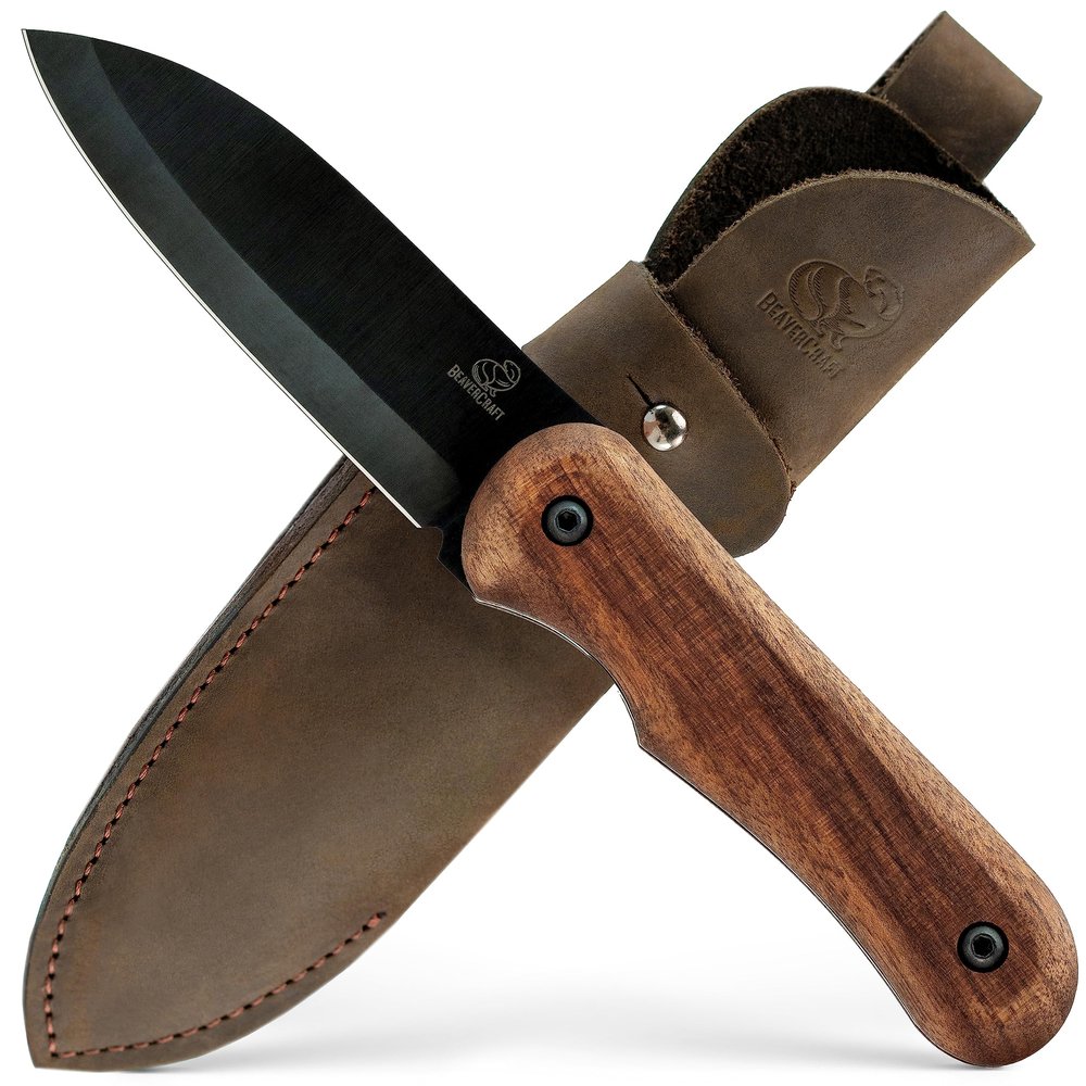 BeaverCraft Bushcraft Knife Full Tang - Camping Bush Knife with Sheath, Carbon Steel, Small EDC Fixed Blade, Outdoors Gift for Men | BSH5 Shadow