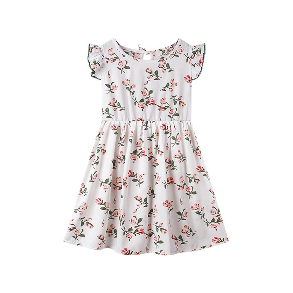 Girls' Casual Dresses Girls Toddler Kids Crew Neck Summer Sleeveless Sundress Casual Beach Floral (White, 5-6 Years)