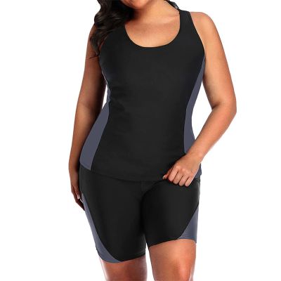 HGps8w Plus Size Women Boyleg Athletic 2 Piece Swimsuits Color Block Full Coverage Tank Top Sporty Swimwear Bathing Suits