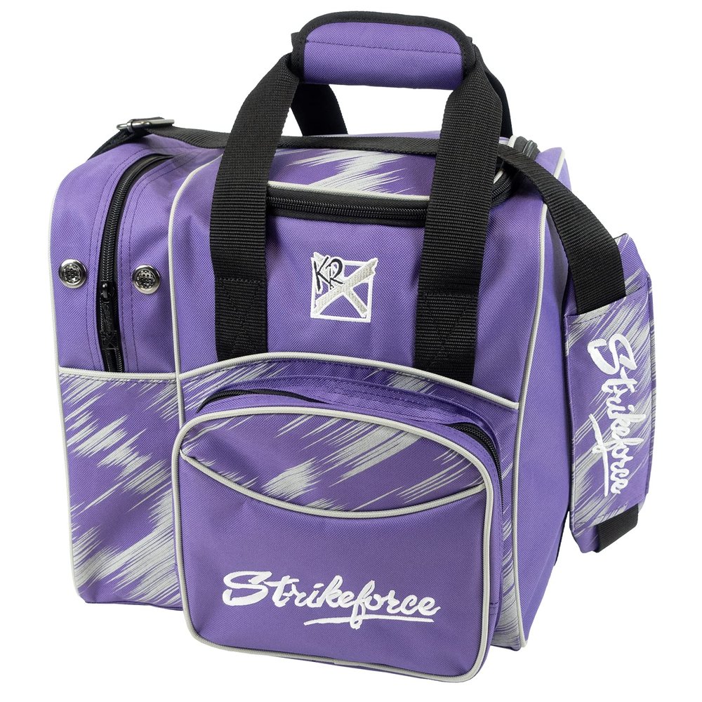 KR Strikeforce Flexx Single Tote Bowling Bag with Side Shoe Compartment and Front Accessory Compartment (Purple/Silver)