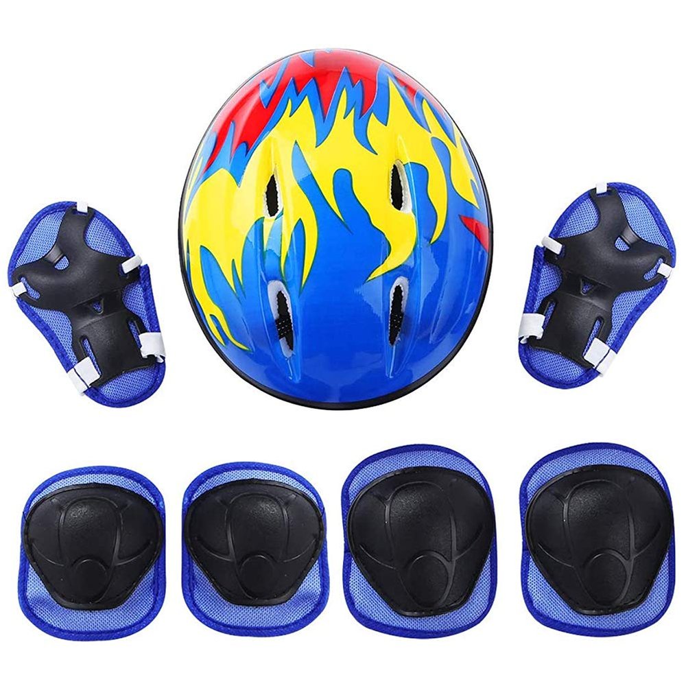 Skateboard Protective Gear, People Protective Gear for Roller Skates, 7pcs People Protective Gear with Adjustable Helmet Knee Pads Elbow Pads Wrist Pads for Roller Skates (Blue)