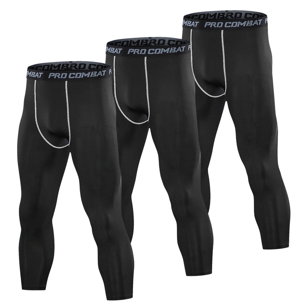 SS COLOR FISH 3 Pack 3/4 Men's Compression Pants Athletic Baselayer Workout Sports Running Legging Running Tights for Men Black