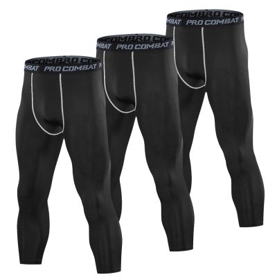 SS COLOR FISH 3 Pack 3/4 Men's Compression Pants Athletic Baselayer Workout Sports Running Legging Running Tights for Men Black