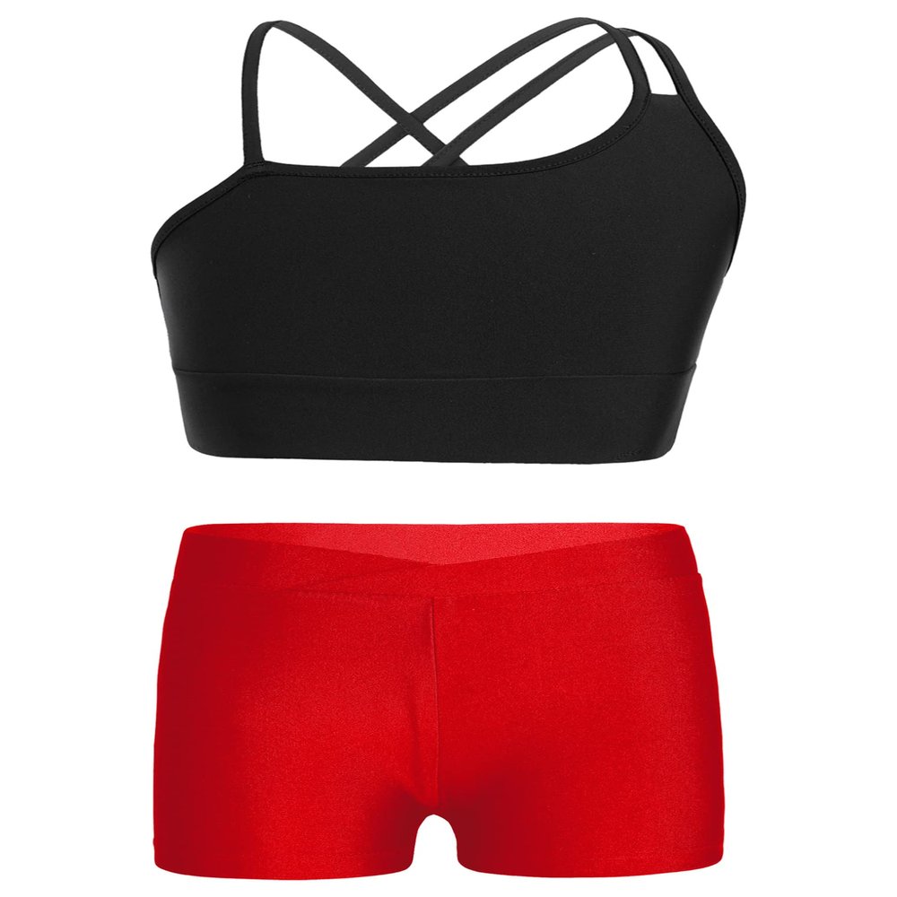 2pcs Kids Girls Ballet Dance Outfit Crossback Crop Top with Black Shorts Pantskirt Dancewear Black&Red 6