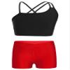 2pcs Kids Girls Ballet Dance Outfit Crossback Crop Top with Black Shorts Pantskirt Dancewear Black&Red 6 view 1