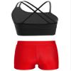 2pcs Kids Girls Ballet Dance Outfit Crossback Crop Top with Black Shorts Pantskirt Dancewear Black&Red 6 view 2