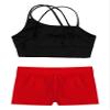 2pcs Kids Girls Ballet Dance Outfit Crossback Crop Top with Black Shorts Pantskirt Dancewear Black&Red 6 view 4