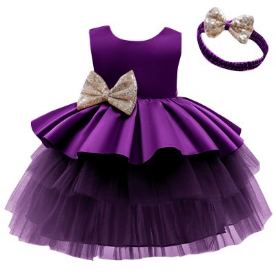 2023 Little Girls Solid Layered Lace Puffy Tulle Skirt Hairband 2PC Sleeveless Princess Party Daily (Purple, 5-6Years)
