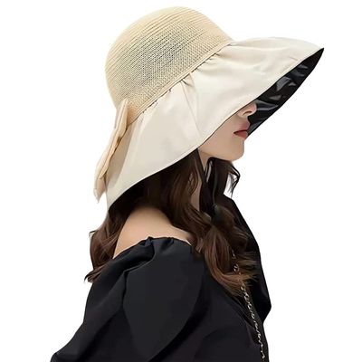 Women Straw Sun Hat Large Floppy UV Protection Vinyl Brim Beach Cap Roll up Packable Summer Sun Shade Hat with Bow Beige