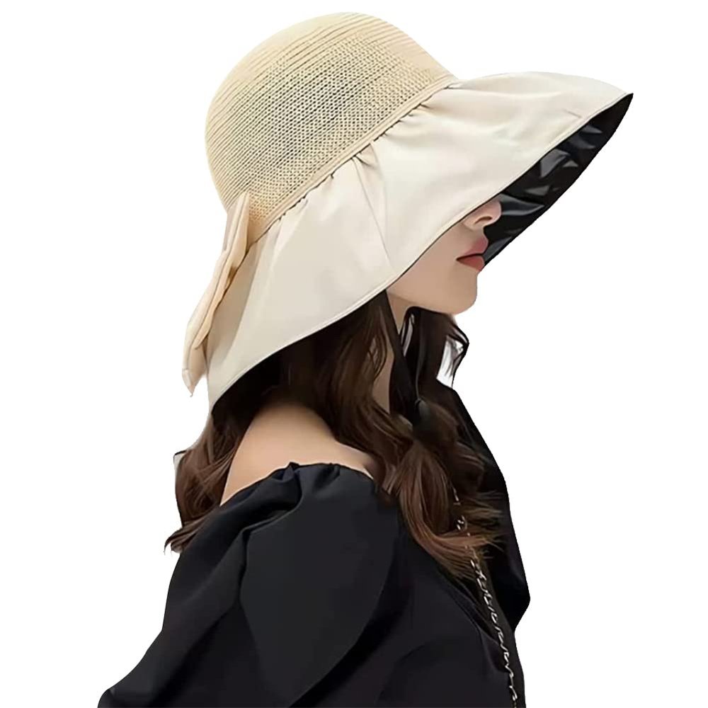 Women Straw Sun Hat Large Floppy UV Protection Vinyl Brim Beach Cap Roll up Packable Summer Sun Shade Hat with Bow Beige
