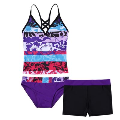 renvena Kids Girls 3 Piece Tankini Swimwear Flower Printed Cross Back Swim Tops with Shorts Briefs Set Purple 8 Years
