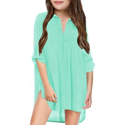 Little Girl's Swimsuit Cover Up Chiffon Shirt Solid Bikini Beachwear Bathing Suit Beach Tween (Mint Green, 6-7 Years)