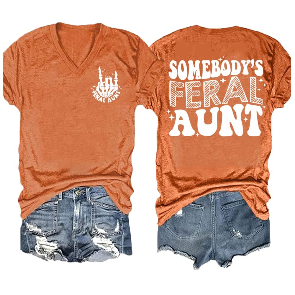 Funny Somebody's Feral Aunt T-Shirt Tee Shirt Retro Groovy Cool Aunts Club Funny Auntie Women Cool Aunt T-Shirt Funny Somebody's Feral Aunt, Cool Aunt Club Mother's Day T-Shirt Top Orange