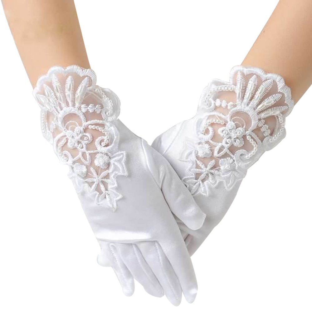 KUYYFDS White Gloves,Gloves Mittens, Wedding Flower Girls Gloves Bridesmaid Child Short Satin Gloves Fancy Costume Princess Gloves for Communion White, Girls 1-33 Years Old