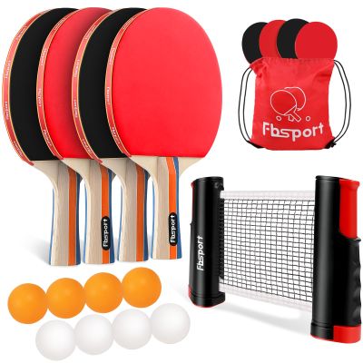 FBSPORT Ping Pong Paddle Set, Table Tennis Set with 4 Rackets and 8 Balls, Retractable Net with Storage Bag - Pingpong Paddle Accessories for Indoor/Outdoor Games
