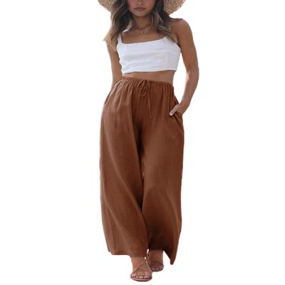 Faleave Women's Cotton Linen Summer Palazzo Pants Flowy Wide Leg Beach Trousers with Pockets(Rust-XL)