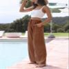 Faleave Women's Cotton Linen Summer Palazzo Pants Flowy Wide Leg Beach Trousers with Pockets(Rust-XL) view 2