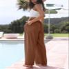 Faleave Women's Cotton Linen Summer Palazzo Pants Flowy Wide Leg Beach Trousers with Pockets(Rust-XL) view 3