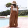 Faleave Women's Cotton Linen Summer Palazzo Pants Flowy Wide Leg Beach Trousers with Pockets(Rust-XL) view 4