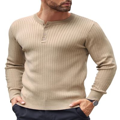 COOFANDY Men's Knit Henley Sweater Lightweight Crewneck Dress Sweaters Long Sleeve Knit Ribbed Pullovers Khaki