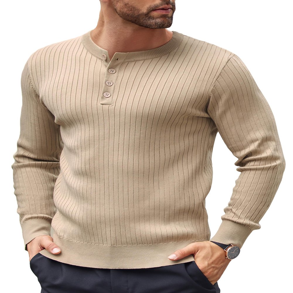 COOFANDY Men's Knit Henley Sweater Lightweight Crewneck Dress Sweaters Long Sleeve Knit Ribbed Pullovers Khaki