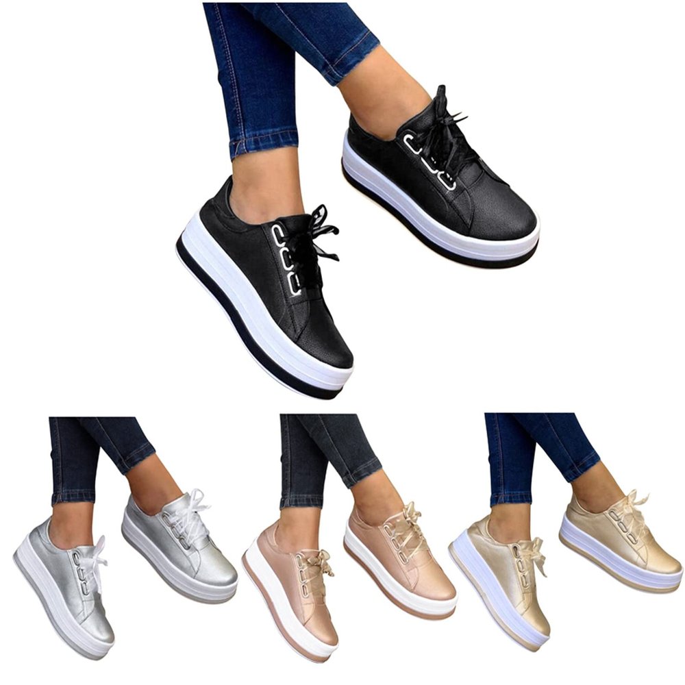 Hbeylia Platform Sneakers For Women Fashion Casual Leather Round Toe Chunky Bottom High Heels Low Top Canvas Shoes Casual Anti Skid Lace Up Trendy Slip On Walking Loafers Work Shoes
