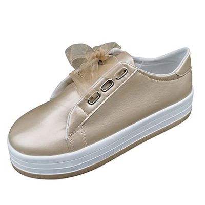 Hbeylia Platform Sneakers For Women Fashion Casual Leather Round Toe Chunky Bottom High Heels Low Top Canvas Shoes Casual Anti Skid Lace Up Trendy Slip On Walking Loafers Work Shoes