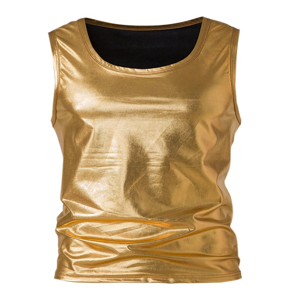 Lars Amadeus Golden Metallic Tank Top for Men's Round Neck Shiny Disco Party Sleeveless Vest Large