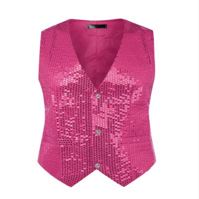 Lars Amadeus Christmas Shiny Rose Red Sequin Vest for Men's V-Neck Party Sleeveless Suit Waistcoat Large